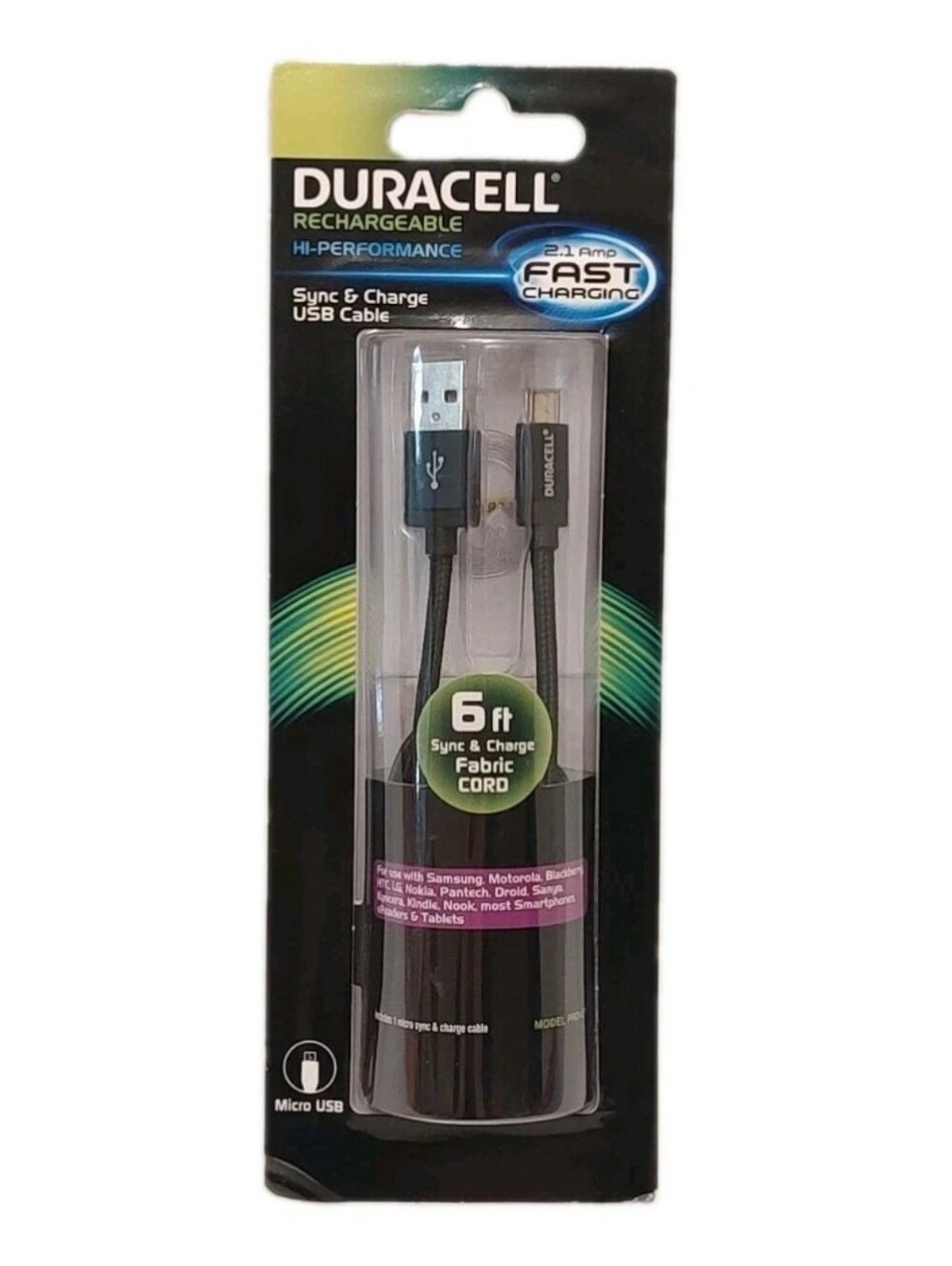 Duracell 6ft Micro USB Cable Phone Device Charger Sync Braided Cord Black New